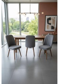 Resim Nora 3 Adet Sandalye - Keten Kumaşlı Sandalye Modern Ahşap Ayaklı Yemek & Çalışma Sandalyesi Minimal Tasarım Gri 