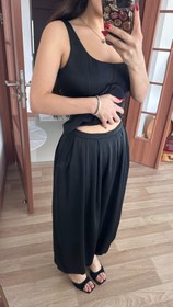 Resim Saten dokulu tasarım siyah şalvar pantolon - XL 