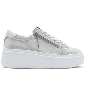 Resim Derimod Kadın Gümüş Kalın Tabanlı Yandan Fermuarlı Deri Sneaker 25SFD3702SM 