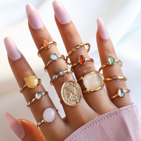 Resim 13 Parça Kadınlar İçin Bohem Çok Renkli Aksesuar Yüzük Seti - Pastel ve Canlı Jöle Tonlar (Pembe, Mavi, Yeşil, Sarı, Turuncu, Beyaz, Kahverengi, Siyah, Şeffaf) - Günlük & Özel Etkinlik Takısı ile Hediye Paketi Dahil - Doğum Günü/Yıl dönümü hediyesi için kadın yüzükleri - Benzersiz Taş Detaylara Sahip Zarif Katmanlanmış Tasarım - Her mevsim giysi, yüksek kaliteli Art Deco tarzı takılar 