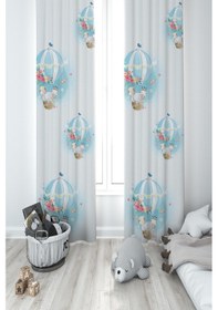 Resim Mekta Home Bebek Ve Çocuk Odası Fil Ve Çiçekli Uçan Balon Desenli 2 Kanat Fon Perde 