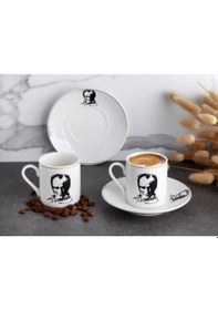 Resim 2'li Porselen Atatürk Portreli Türk Kahvesi Fincanı Beyaz 