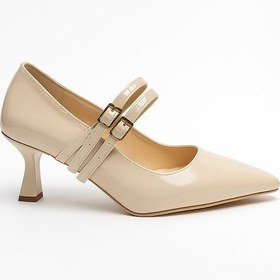Resim Günlük Kadın İnce Topuklu Sivri Burun Çift Bantlı Tokalı Abiye Ayakkabı 100 Bej 