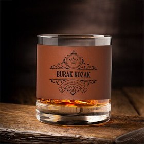 Resim İsim Yazılı Otantik Taba Deri Kaplama Viski Bardağı 