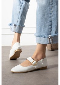 Resim Shoetek Hanna Kadın Babet Bantlı Tokalı Beyaz Deri Beyaz Cilt 