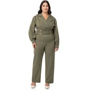 Resim Büyük Beden Kruvaze Yaka Metal Düğmeli Fermuarlı Haki Tulum-haki Haki 