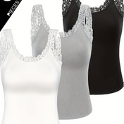 Resim 3 adet Kadın Kolsuz Atlet Üstü, Dantel Detaylı - Siyah, Beyaz, Gri, Yuvarlak Yaka, Hafif Polyester Karışımı, Bahar/Yaz Rahat Giyim İçin Mükemmel, Bahar Yaz Giyim|Sleek Fitted Tops|Polyester Karışımı 