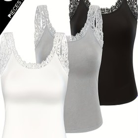 Resim 3 adet Kadın Kolsuz Atlet Üstü, Dantel Detaylı - Siyah, Beyaz, Gri, Yuvarlak Yaka, Hafif Polyester Karışımı, Bahar/Yaz Rahat Giyim İçin Mükemmel, Bahar Yaz Giyim|Sleek Fitted Tops|Polyester Karışımı 