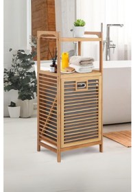 Resim Büro Ev Ofis Dekoru İçin 40x35x95cm 2 Raflı Kumaş Hazneli Ahşap Kirli Çamaşır Sepeti Diğer 