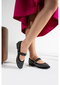 Resim Siyah Süet Yuvarlak Burunlu Ortapedik Taşlı Baretli Düz Tabanlı Babet Siyah 