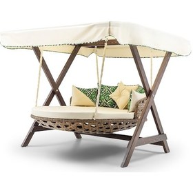 Resim Dominik Swing Ahşap Rattan Salıncak Dış Mekan Bahçe Balkon Ve Ter Ceviz 