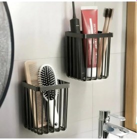 Resim 2'li Set Yapışkanlı Diş Fırçalık Ve Saç Fırçası Düzenleyici Açık Ahşap 