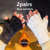 Resim 2 Çift Kadınlar İçin Peluş Termal Dokunmatik Eldiven - Parmak Ucu Açık, Esnek Manşetli Kışlık Eldiven, Bisiklet, Yürüyüş ve Ofis için (Siyah & Beyaz), Soğuk Hava Ekipmanı 