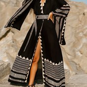 Resim Kadınların Boho Tarzı Siyah Kimono Kapağı Beyaz Geometrik Baskı ile - Bol Kesim, Tatil için Rahat Plaj Kapağı, Bikini Mayo Kapağı, Rahat Plaj Giyim | Bohem Kimono | Esnek Olmayan Kumaş 