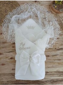 Resim Yenidoğan Sahra Taç Benim Prensesim Nakışlı Kundak Bebek Battaniyesi Ekru Ekru 