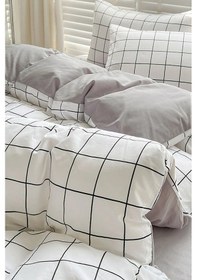 Resim More Home Çift Kişilik Yorgan Kılıfı + Yastık Kılıfı Kareli Kırık Beyaz 