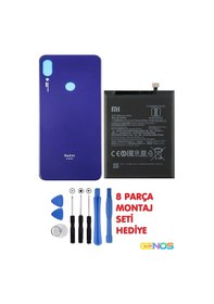 Resim Xiaomi Redmi Note 7 Uyumlu Arka Cam Kapak Pil Kapağı Mavi + Note 7 Pil Batarya Bn4a + Montaj Set 