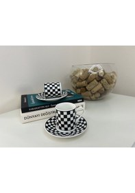 Resim Siyah Beyaz Porselen Fincan Takımı - 2 Kişilik Damalı 