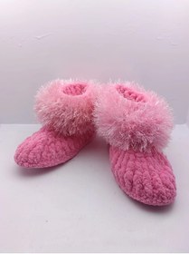 Resim El Emeği Kız Çocuk Pembe Peluş Detaylı Örgü Patik - 28-29 Numara - El Örmesi 