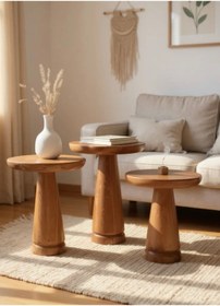 Resim ASELYA HOME Doğal Ahşap 3’lü Set Mantar Yan Sehpa Modern Fiskos Zigon Çiçeklik 