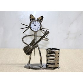 Resim Metal Gitar Çalan Müzisyen Kedi Saat Ve Kalemlik 