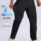 Resim Erkekler için Fermuarlı Yaz Spor Pantolonu, İnce Buz İpek Kumaş, Nefes Alabilen Rahat Koşu Pantolonu, Serin Açık Hava Spor Pantolonu, Düz Renk, Düz Bacak, Rastgele Desen, Elastik Bel, Bağcıklı, Cep Detaylı, 360g/m², Polyester, Tüm Mevsimler İçin 