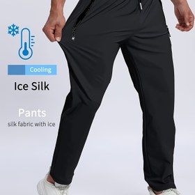 Resim Erkekler için Fermuarlı Yaz Spor Pantolonu, İnce Buz İpek Kumaş, Nefes Alabilen Rahat Koşu Pantolonu, Serin Açık Hava Spor Pantolonu, Düz Renk, Düz Bacak, Rastgele Desen, Elastik Bel, Bağcıklı, Cep Detaylı, 360g/m², Polyester, Tüm Mevsimler İçin 