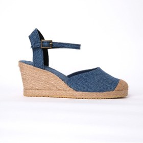 Resim Star Tombis Topuğu Açık Burnu Hasırlı Bilekten Bantlı Mavi Dolgu Topuk Keten Hasır Espadril 