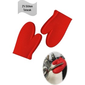 Resim Holly Home 2 Adet Silikon Eldiven, Yanmaz Fırın, Tencere Tutacak, Damla Desenli, Kırmızı 