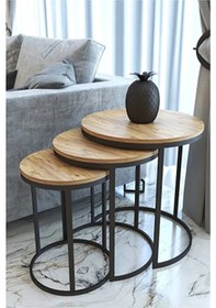 Resim 3' Lü Açık Ceviz Ahşap Siyah Metal Sehpa 