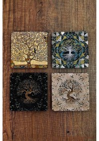 Resim Doğal Taş Bardak Altlığı Uv Baskılı 4'lü Set Hayat Ağacı 10x10cm - Stone Coasters Çok Renkli 