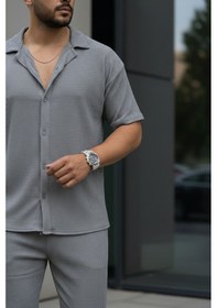 Resim Fifty Color Unisex Trend Bürümcük Krinkıl Kumaş Yazlık Likralı Kısa Kol Gömlek Ve Eşofman Takım Gri 