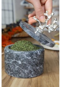 Resim Mermer Baharatlık Kapaklı Mermer Tuzluk Biberlik Siyah 