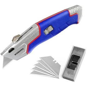 Resim Workpro Wp213012 Ağır Hizmet Alüminyum Gövde Geri Çekilebilir Rötuş Maket Bıçağı + 4 Adet Yedek Bıça 