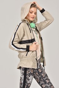 Resim bilcee Kadın Bej Cepli Ipli Fermuarlı Kapüşonlu Cepli Beli Lastikli Spor Rüzgarlık Ince Yağmurluk 3512 