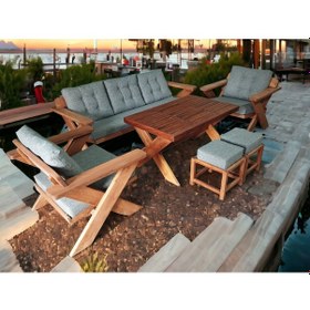 Resim Berlin Masif Ahşap Koltuk Kestane Ağacı3+1+1+masa+puf Takımı G Kt Beyaz 