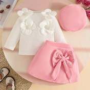 Resim 3 Parça Kız Çocukları İçin Şık Tweed Takım Seti: Fırfır Detaylı Bluz, A-Kesim Etek & Kurdele ve İnci Süslemeli Şapka - 12 Ay'a Uygun Yumuşak Pembe Kışlık Giysiler, 12 aya kadar El yıkama uygundur Günlük Ve Özel Etkinlikler için, İnce Yuvarlak Boyunlu Uzun Kollu Üstüyle Birlikte Katmanlı Şekillendirmeye Sahip Düz Pembe A-Etli Etek, Kurtel detayı, Şapkalarla İşlenmiş Sonbahar/Kış Mevsimi İçin 