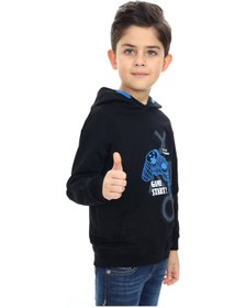Resim Toontoy Kids Toontoy Erkek Çocuk Relax Fit Kapüşonlu Cepli Düşük Omuz Baskılı Sweatshirt - 2 İplik Siyah 