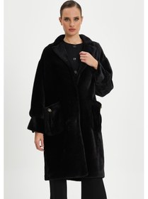 Resim Serpil Exclusive Kadın Oversize Kürk Kaban - Yumuşak Dokulu, Şık Ve Modern Tasarım - Günlük Ve Özel Kullanım İçin İdeal Siyah 