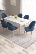 Resim Canisa Roz Serisi 80x132 Mdf Beyaz Doğal Ahşap Ayaklı Masa Takımı Ve 6 Lacivert Sandalye 