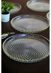 Resim Tabak Evi Altın Yaldız Cam Pasta Tabağı 19cm 6 Lı 2339 Şeffaf 