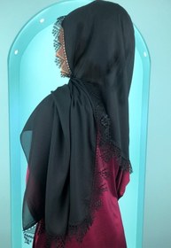 Resim Ebruli Kadın Minacarin Şifon Dantelli Iğne Oyalı Siyah Tesettür Namaz Mevlüt Örtüsü Abiye Şal 