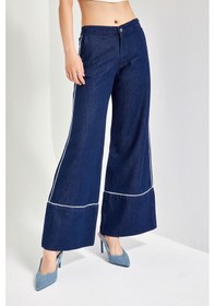 Resim Itsbasic Kadın Lacivert Renk 7w5-50/1 Wide Leg Fit Şerit Detaylı Tasarım Denim Jean 