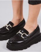 Resim H&K GLOW Siyah Hakiki Deri Gold Tokalı Loafer 