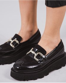 Resim H&K GLOW Siyah Hakiki Deri Gold Tokalı Loafer 