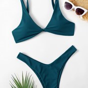 Resim Kadınların Moda Derin V Yaka Siyah Bikini Seti - Yüksek Esneklikli Kumaş, Düz Renk, Bağcıklı Detaylar, Plaj ve Havuz İçin Mükemmel, Plaj Kıyafeti|Minimalist Bikini|Esnek Kumaş 