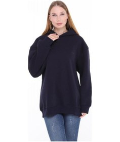Resim Pastelastore Pamuklu Kapüşonlu 3 İplik Şardonlu Kalın Oversize Sweatshirt Lacivert 