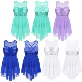 Resim Mavi Çocuk Kız Payetler Bale Latin Lirik Leotard Elbise Modern Dans Giyim Parlak Dans Kostüm Düzensiz Etek Mavi 