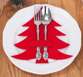 Resim El Yapımı Çam Ağacı Tasarım Keçe Çatal Kaşıklık - 2li Set - Kırmızı 
