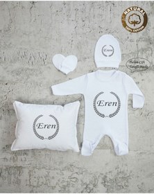 Resim yzc home size dair... E68 Ty Isme Özel Isimli Erkek Bebek Yastık Tulum Şapka Eldiven Set Beyaz Hastane Çıkışı %100 Pamuk 